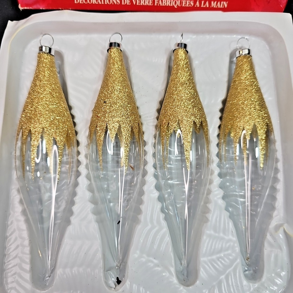 Christmas Ornaments Teardrop Oblong Baubles ZELLERS Unsilvered Gold Colombia VTG